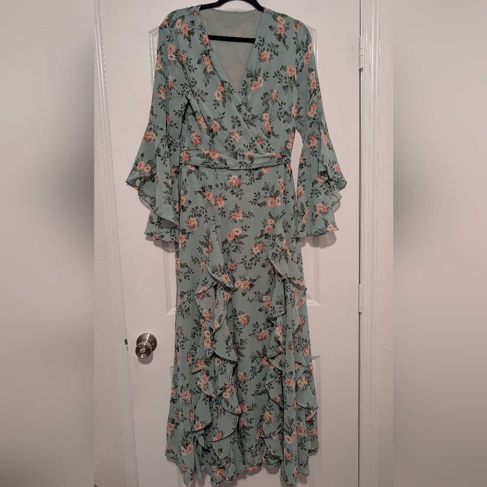 Green With Pink Floral Maxi Dress